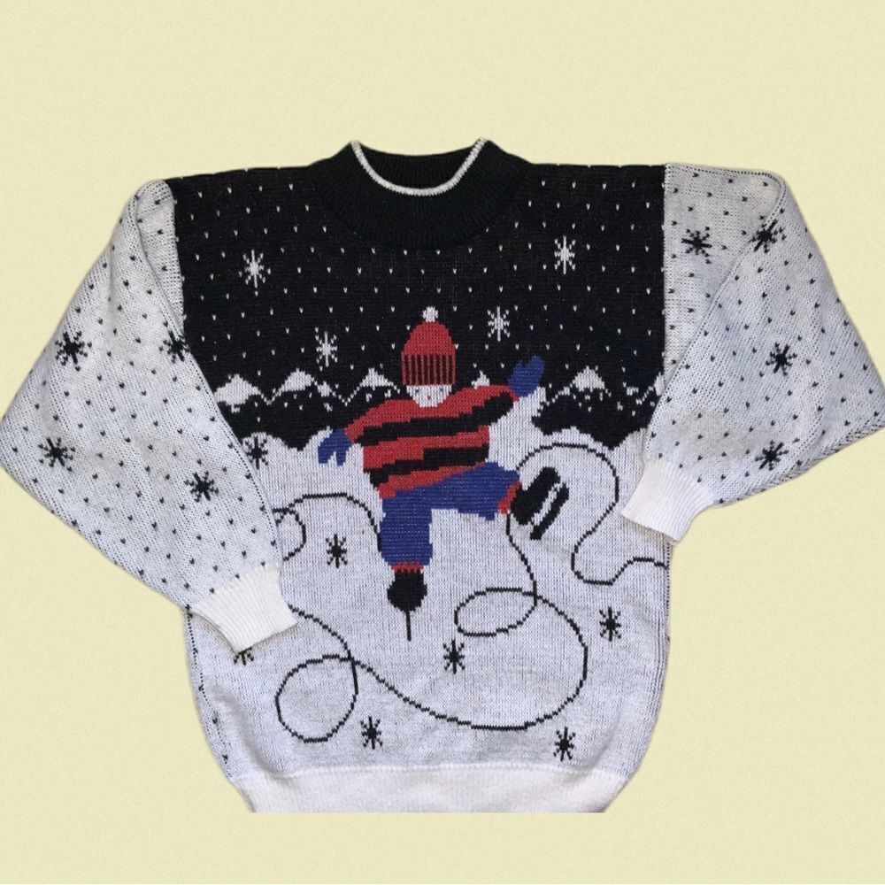 vintage 80s 90s barbra‎ sue cute knit sweater winter snow skating holiday small
